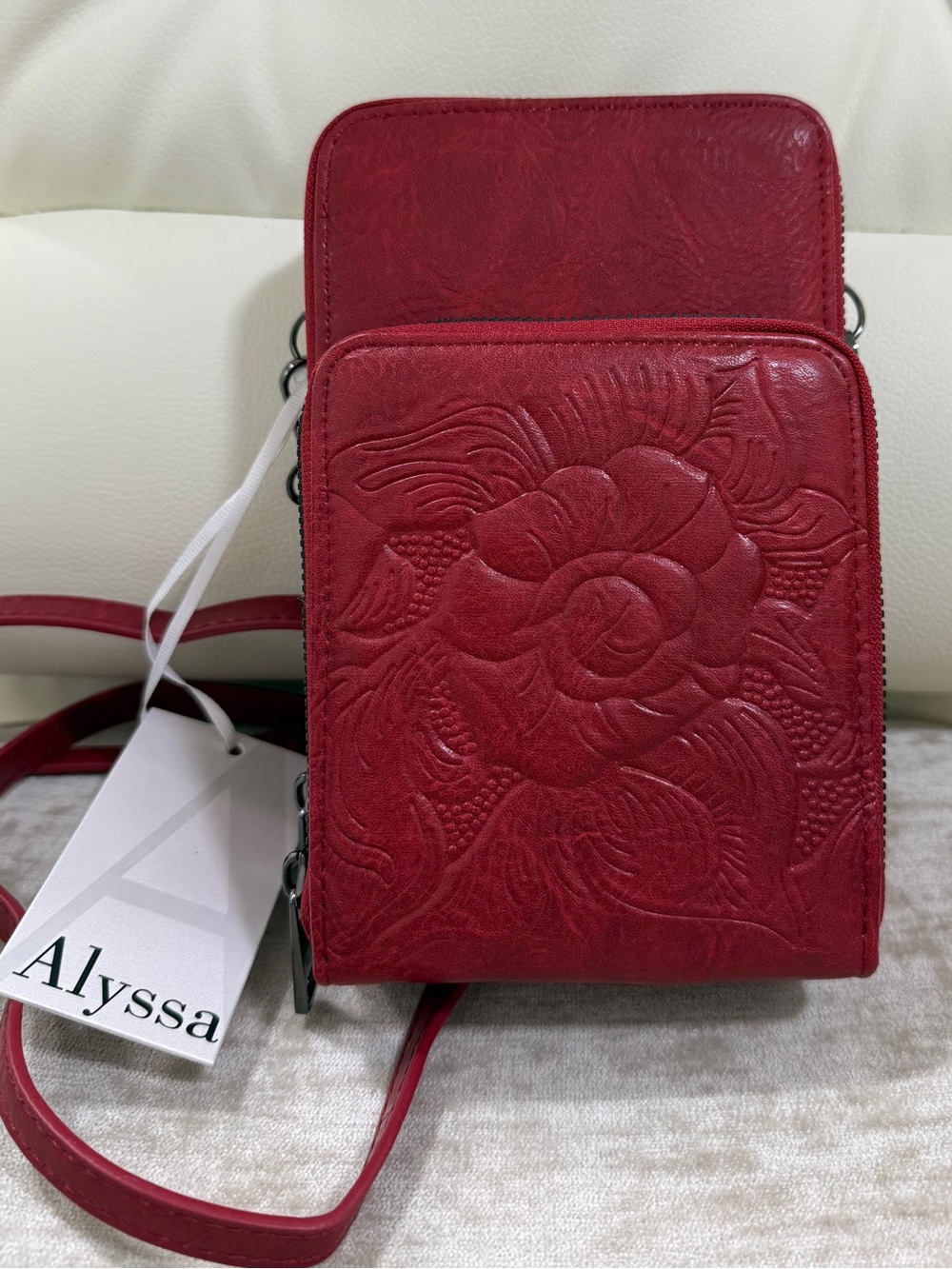 Alyssa Floral-Embossed Red Crossbody Wallet
